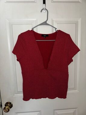 Lulu's Deep Pink Ribbed Deep V Short Sleeve Top